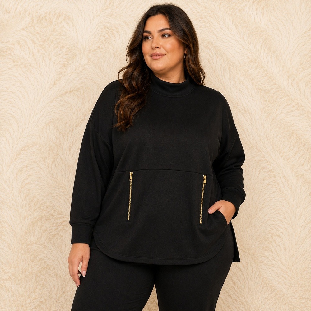 Elie Tahari Woman 2X Black Scuba Tunic Top Mock Neck Gold Zip Quiet Luxury Plus